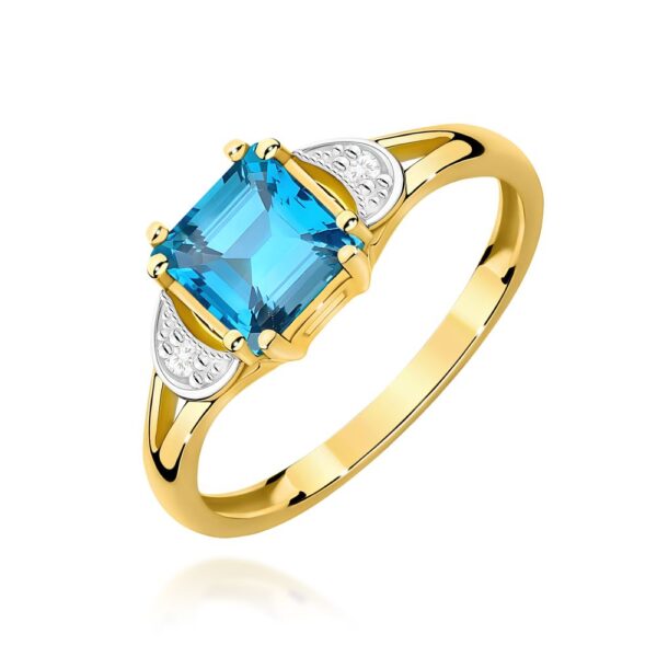 Pierścionek z topazem Swiss Blue 1,40 ct i brylantami, żółte złoto 585
