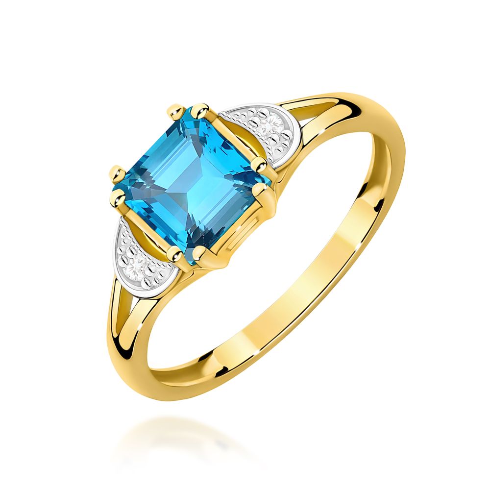 Pierścionek z topazem Swiss Blue 1,40 ct i brylantami, żółte złoto 585