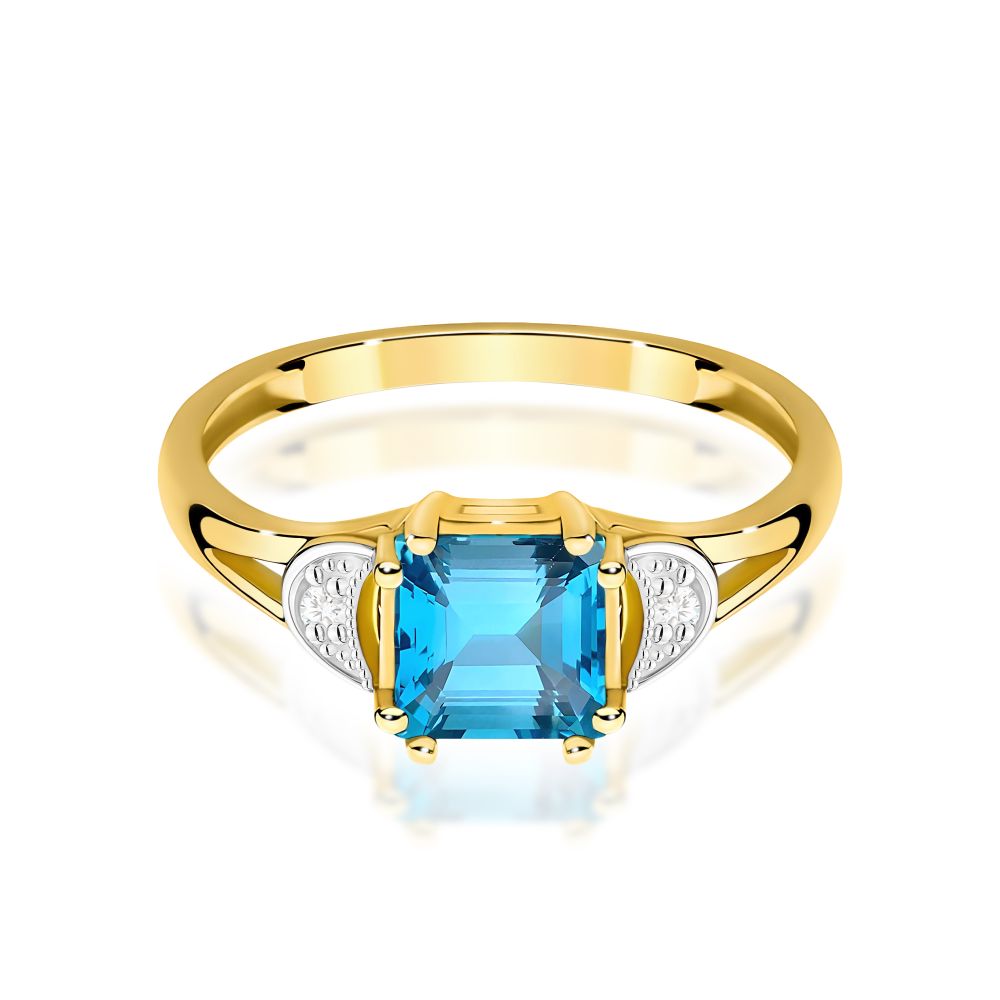 Pierścionek z topazem Swiss Blue 1,40 ct i brylantami, żółte złoto 585
