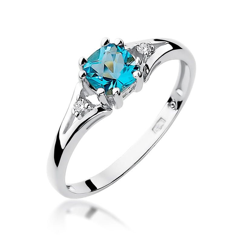 Pierścionek z topazem Swiss Blue 0,70 ct i brylantami, białe złoto 585