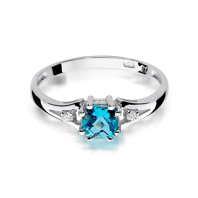 Pierścionek z topazem Swiss Blue 0,70 ct i brylantami, białe złoto 585