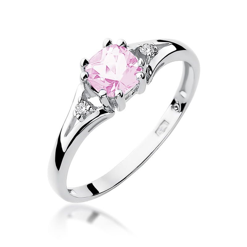 Pierścionek z różowym topazem 0,65 ct i brylantami, białe złoto 585