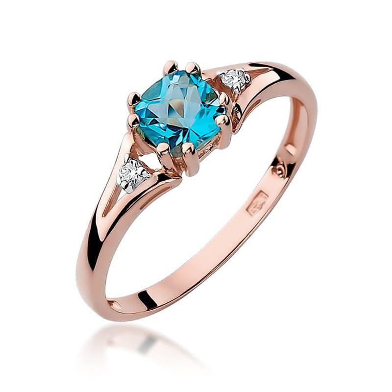 Pierścionek z topazem Swiss Blue 0,70 ct i brylantami, różowe złoto 585