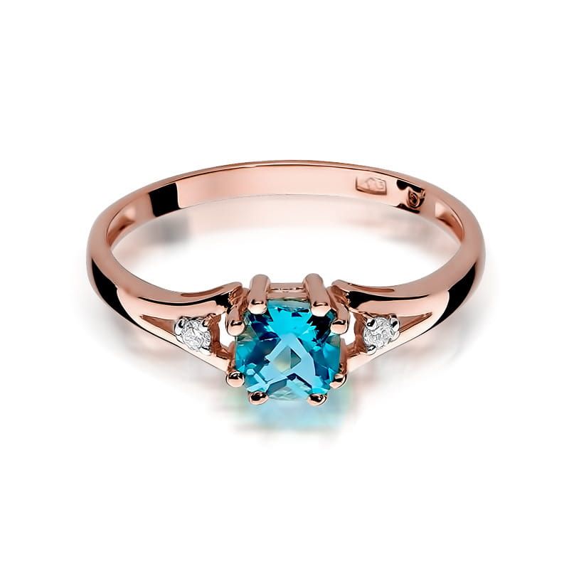 Pierścionek z topazem Swiss Blue 0,70 ct i brylantami, różowe złoto 585