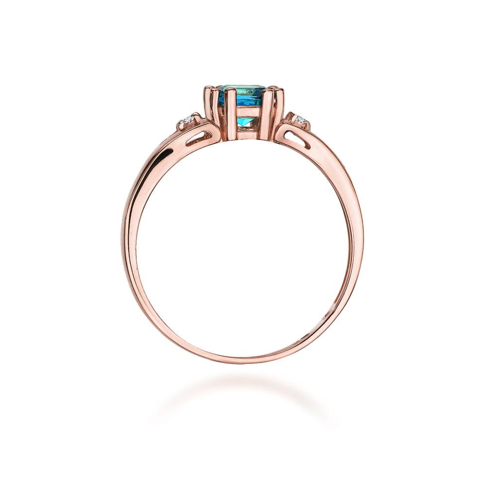 Pierścionek z topazem Swiss Blue 0,70 ct i brylantami, różowe złoto 585