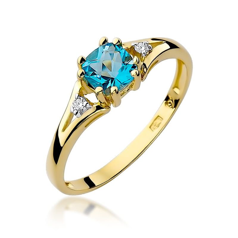 Pierścionek z topazem Swiss Blue 0,70 ct i brylantami, żółte złoto 585