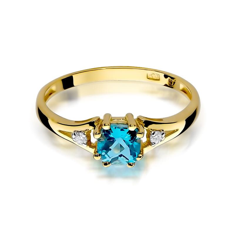 Pierścionek z topazem Swiss Blue 0,70 ct i brylantami, żółte złoto 585