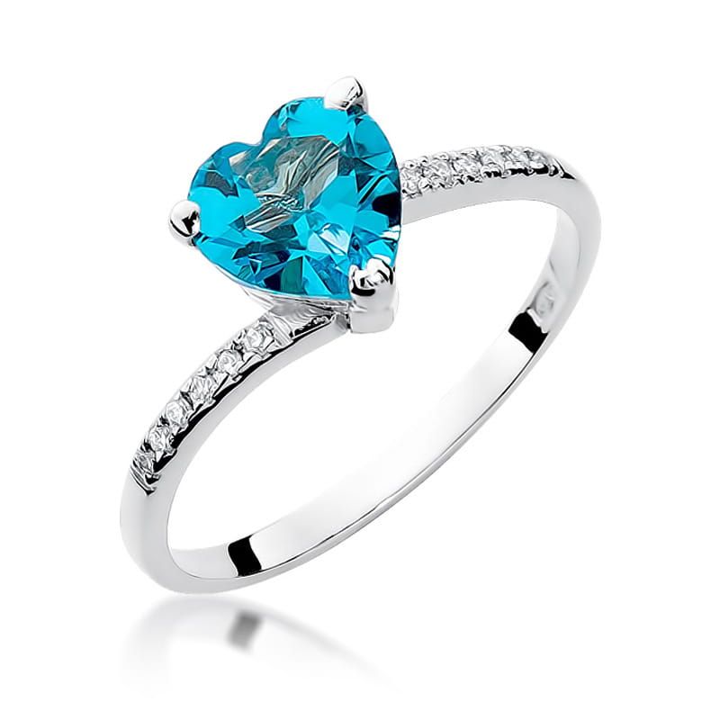 Pierścionek z topazem Swiss Blue 1,20 ct i brylantami, białe złoto 585
