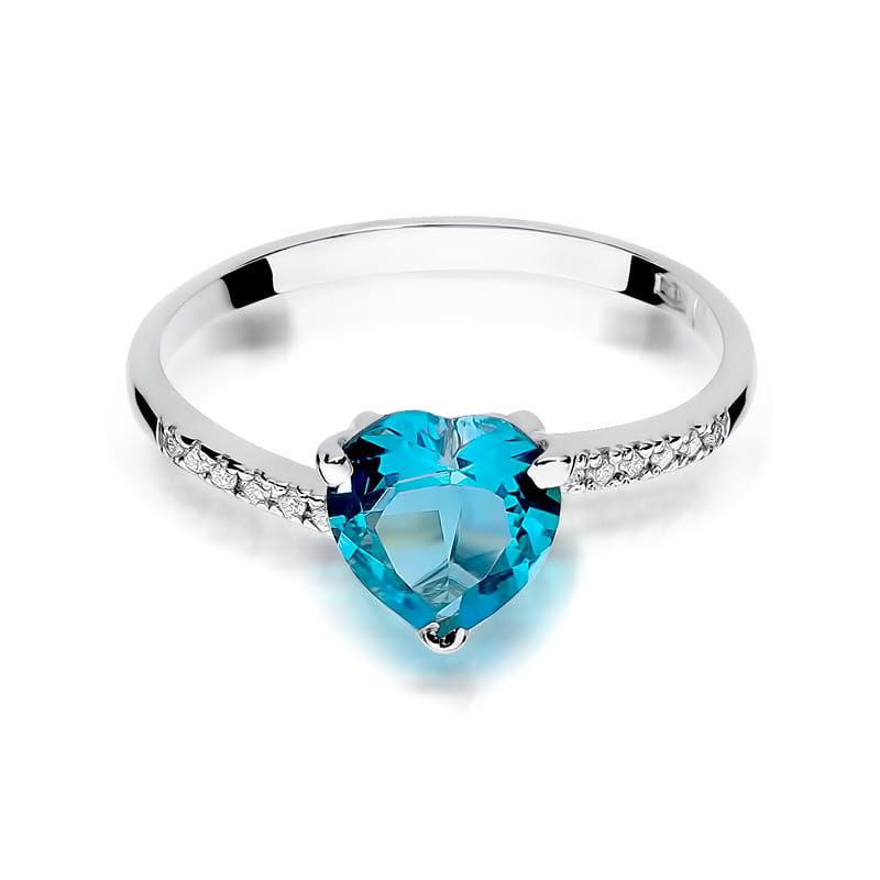Pierścionek z topazem Swiss Blue 1,20 ct i brylantami, białe złoto 585