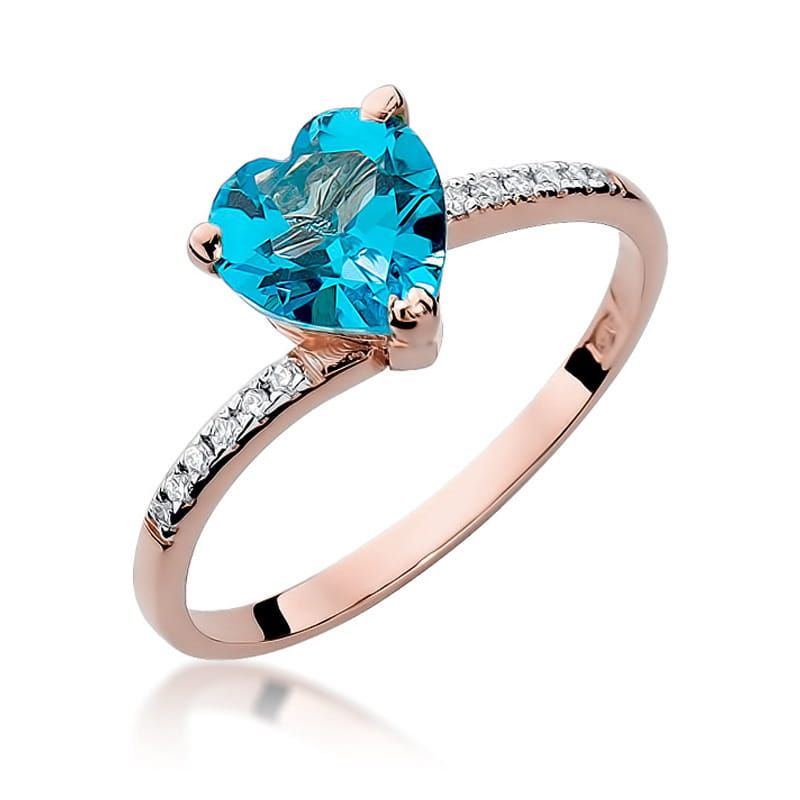 Pierścionek z topazem Swiss Blue 1,20 ct i brylantami, różowe złoto 585