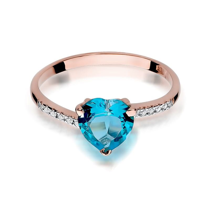 Pierścionek z topazem Swiss Blue 1,20 ct i brylantami, różowe złoto 585