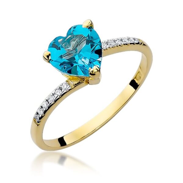 Pierścionek z topazem Swiss Blue 1,20 ct i brylantami, żółte złoto 585