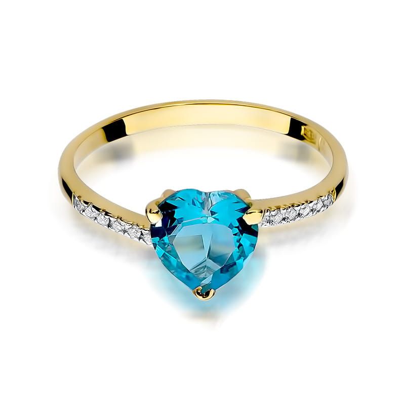 Pierścionek z topazem Swiss Blue 1,20 ct i brylantami, żółte złoto 585