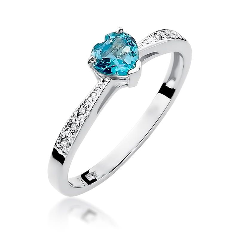 Pierścionek z topazem Swiss Blue 0,50 ct i brylantami, białe złoto 585