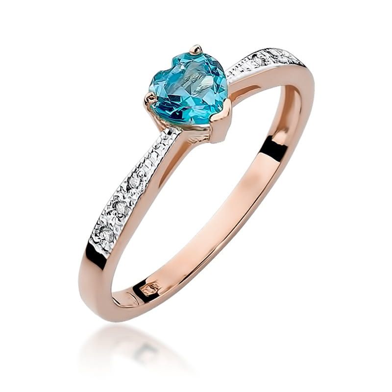 Pierścionek z topazem Swiss Blue 0,50 ct i brylantami, różowe złoto 585