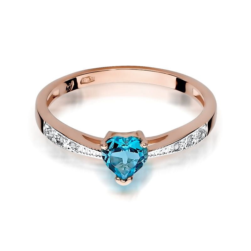 Pierścionek z topazem Swiss Blue 0,50 ct i brylantami, różowe złoto 585
