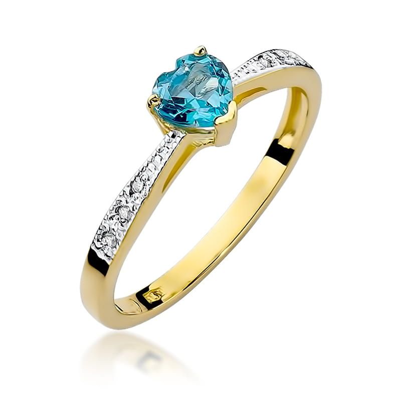 Pierścionek z topazem Swiss Blue 0,50 ct i brylantami, żółte złoto 585