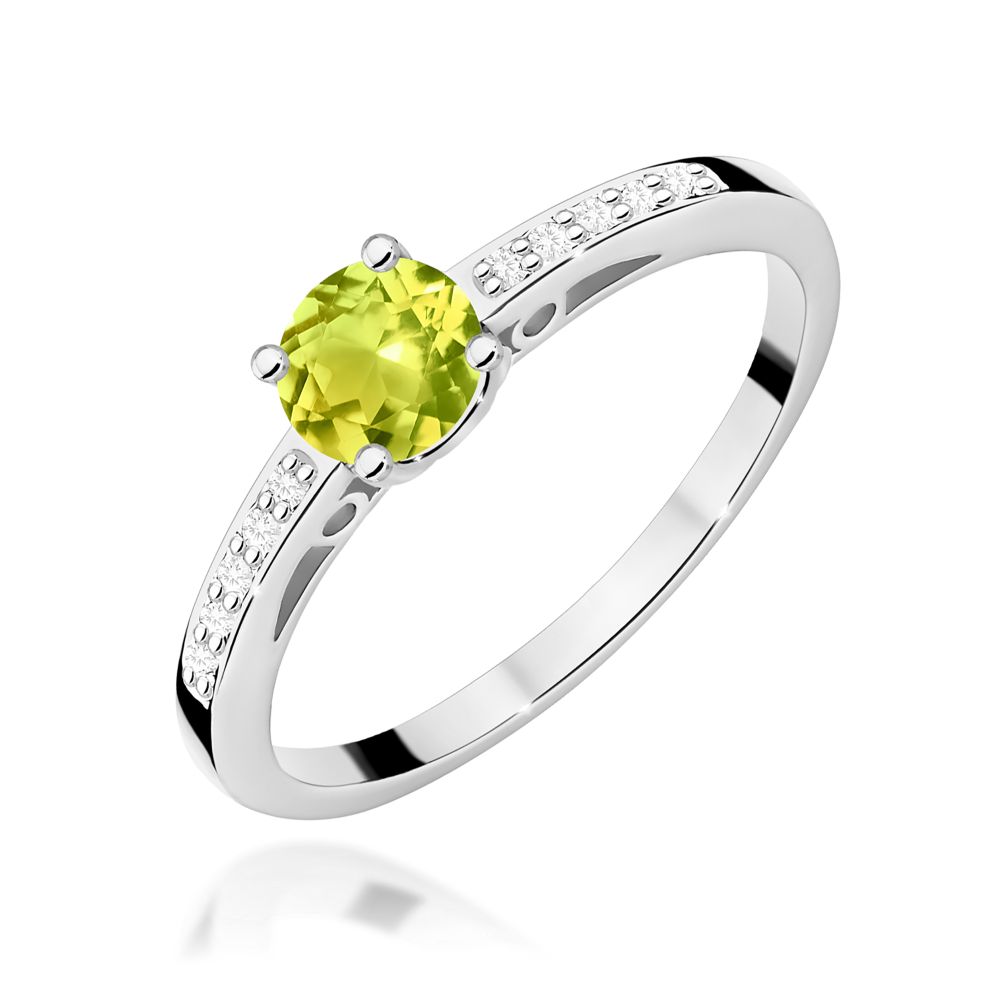 Pierścionek z oliwinem 0,60 ct i brylantami, białe złoto 585