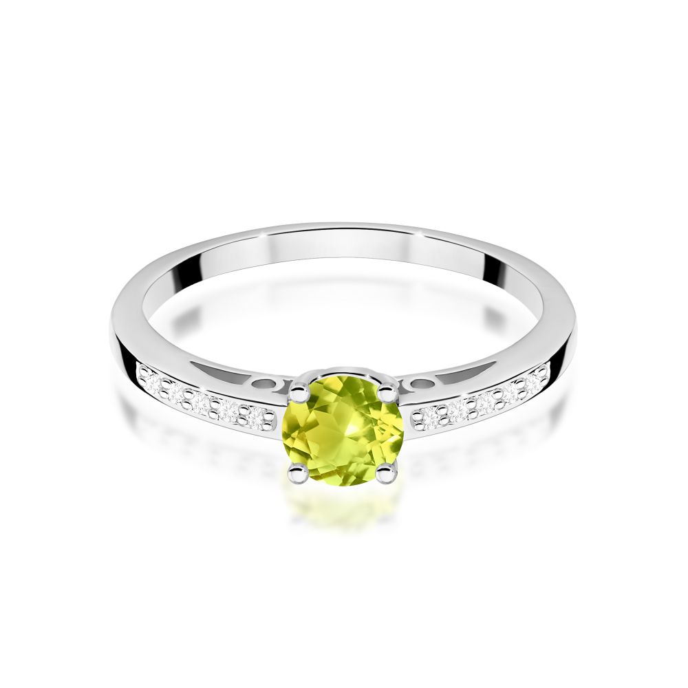 Pierścionek z oliwinem 0,60 ct i brylantami, białe złoto 585