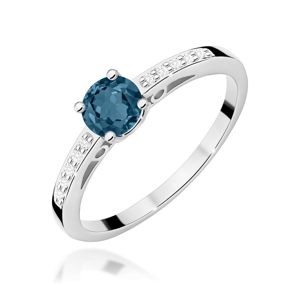 Pierścionek z topazem London Blue 0,50 ct i brylantami, białe złoto 585
