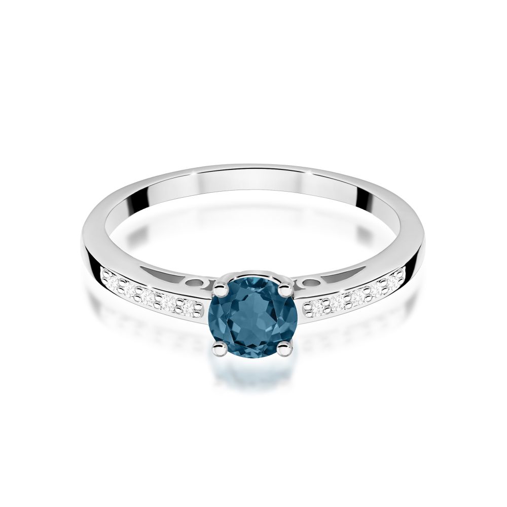 Pierścionek z topazem London Blue 0,50 ct i brylantami, białe złoto 585