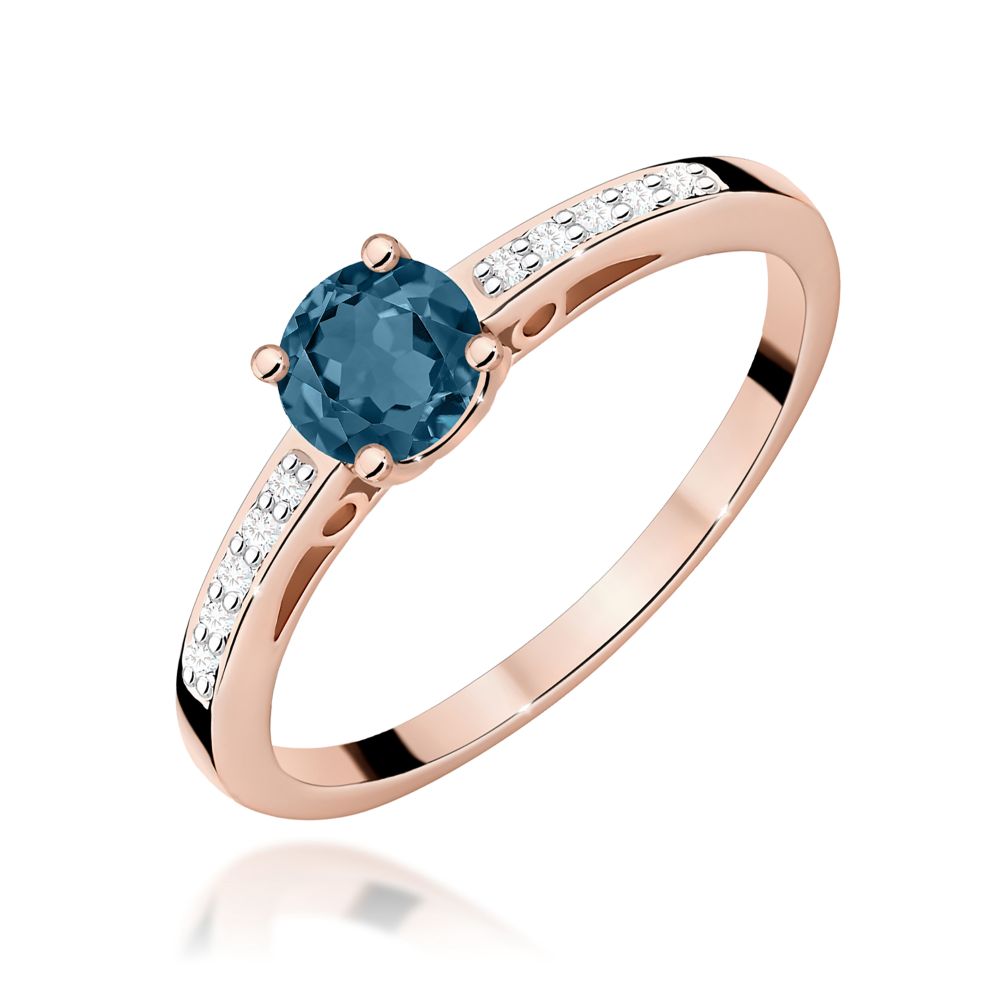 Pierścionek z topazem London Blue 0,50 ct i brylantami, różowe złoto 585
