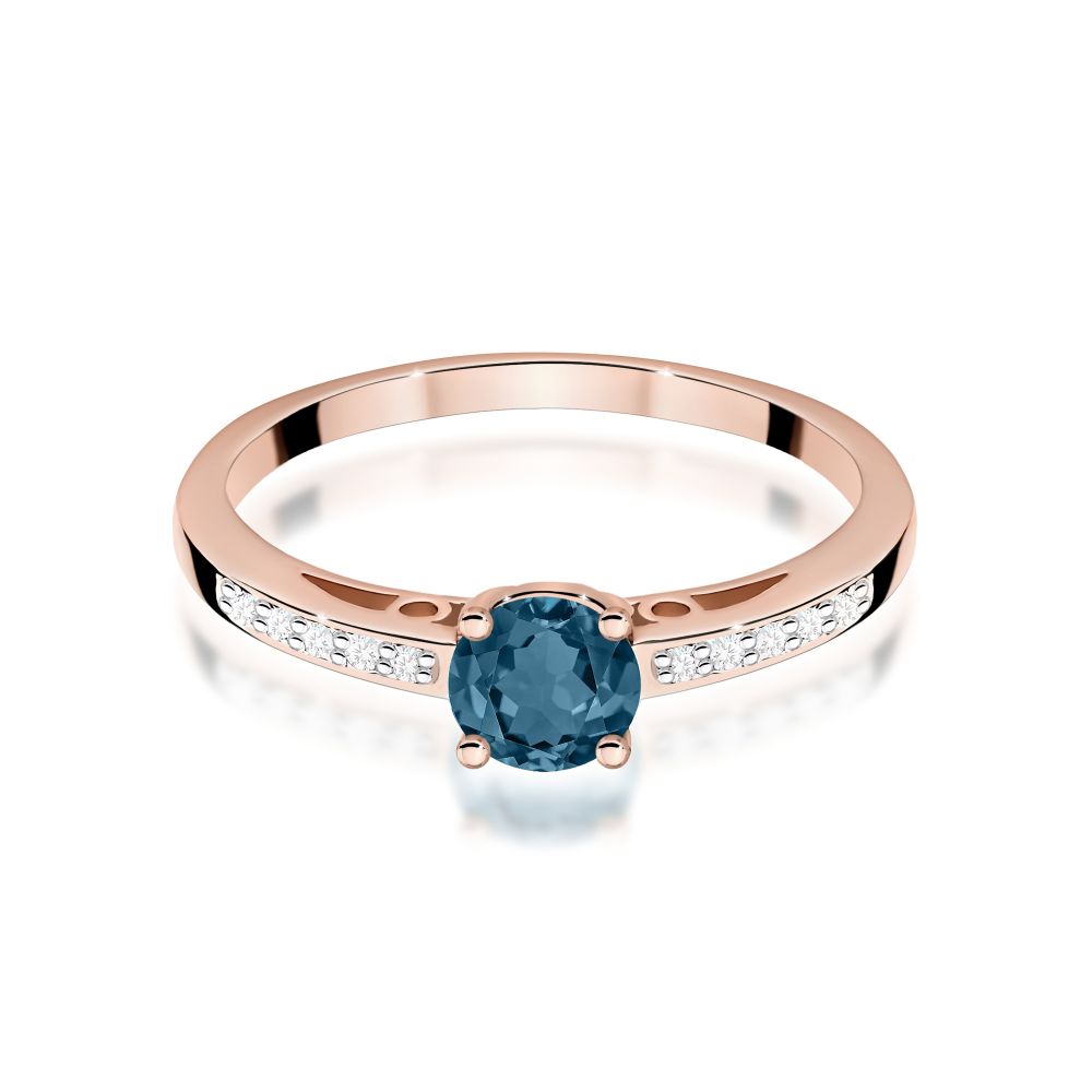 Pierścionek z topazem London Blue 0,50 ct i brylantami, różowe złoto 585