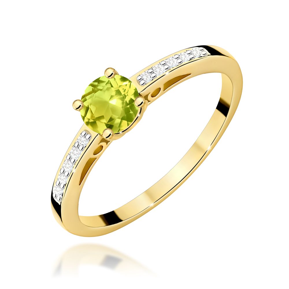 Pierścionek z oliwinem 0,60 ct i brylantami, żółte złoto 585