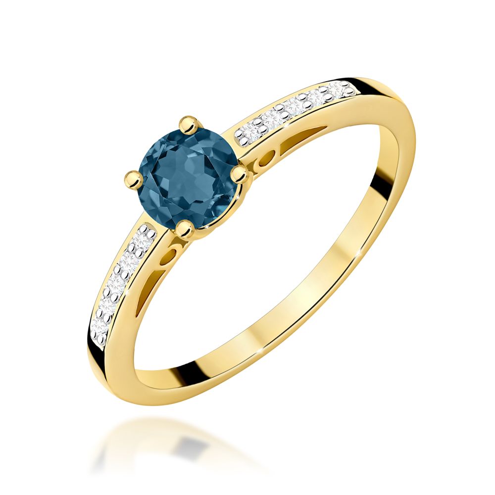 Pierścionek z topazem London Blue 0,50 ct i brylantami, żółte złoto 585