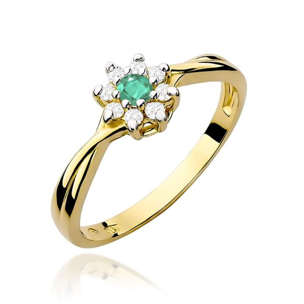 Pierścionek ze szmaragdem 0,15 ct i brylantami, żółte złoto 585