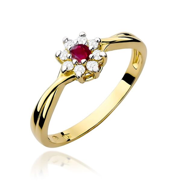 Pierścionek z rubinem 0,15 ct i brylantami, żółte złoto 585