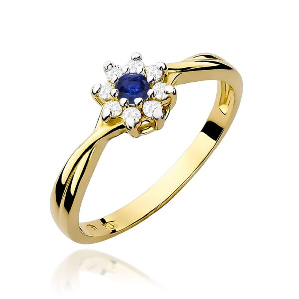 Pierścionek ze szafirem 0,15 ct i brylantami, żółte złoto 585