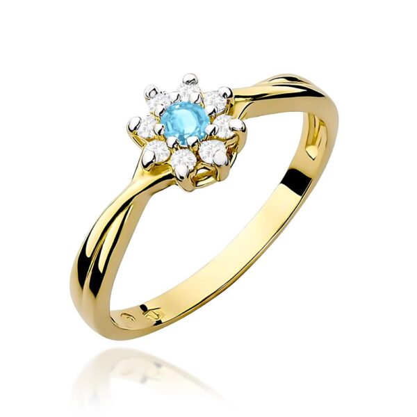 Pierścionek z topazem Swiss Blue 0,15 ct i brylantami, żółte złoto 585