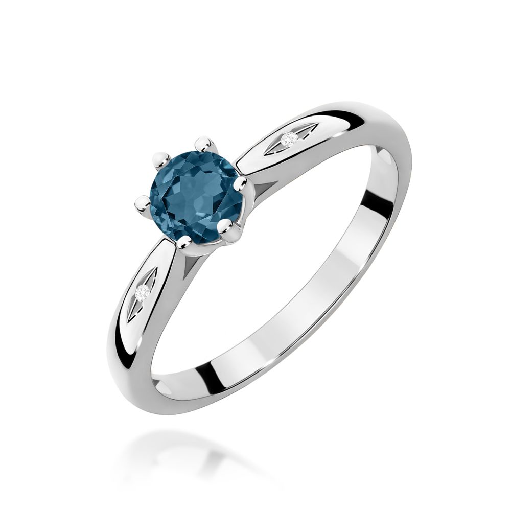 Pierścionek z topazem London Blue 0,50 ct i brylantami, białe złoto 585
