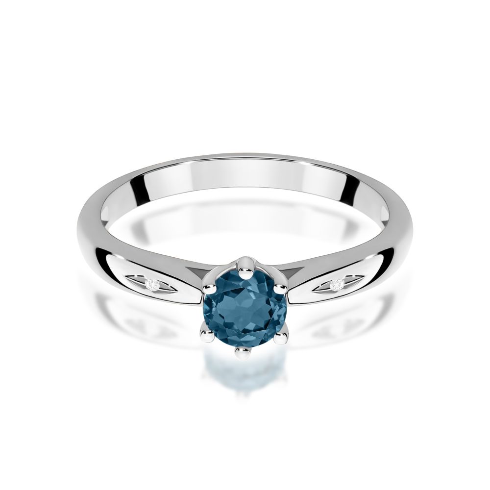 Pierścionek z topazem London Blue 0,50 ct i brylantami, białe złoto 585
