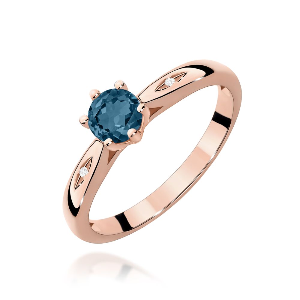 Pierścionek z topazem London Blue 0,50 ct i brylantami, różowe złoto 585
