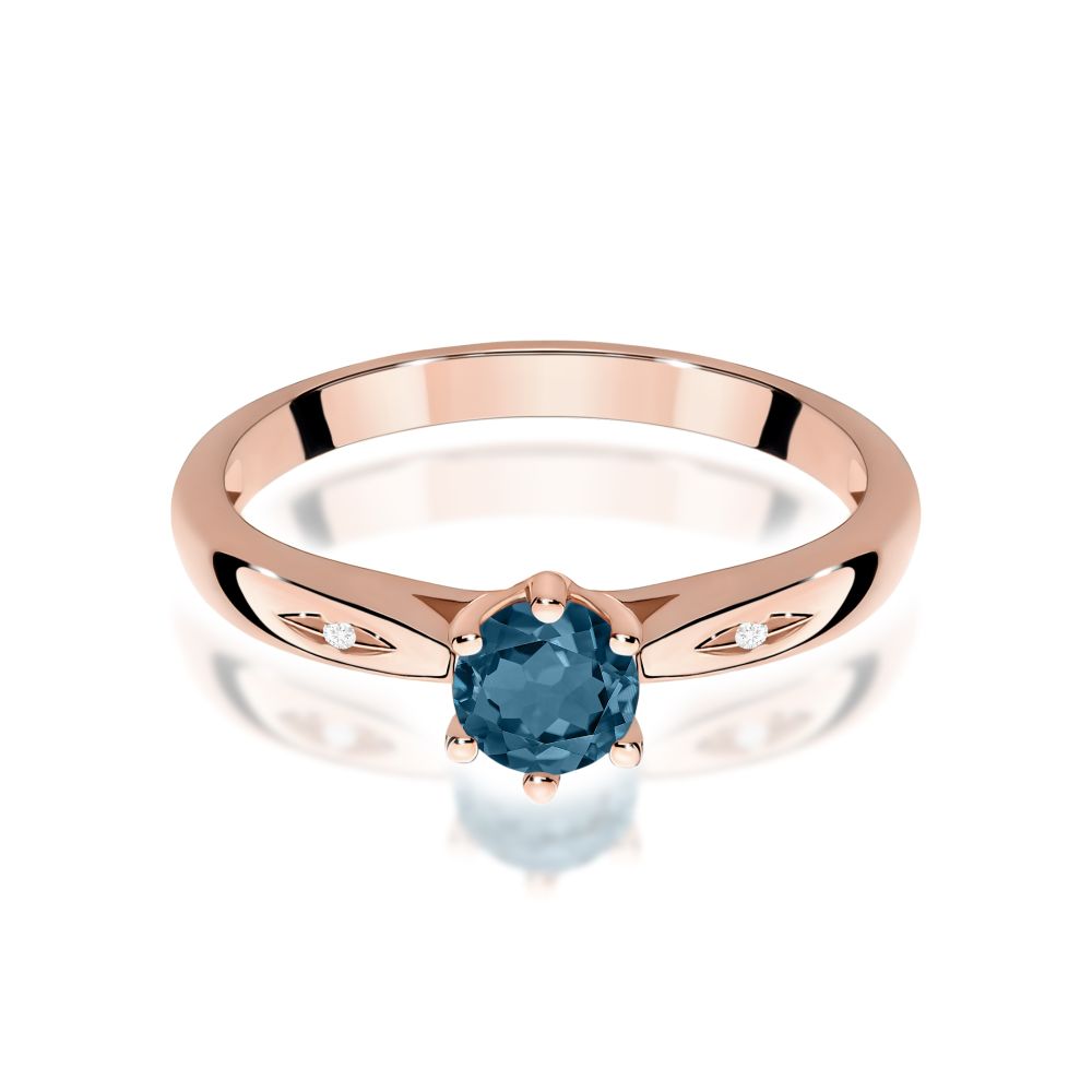Pierścionek z topazem London Blue 0,50 ct i brylantami, różowe złoto 585