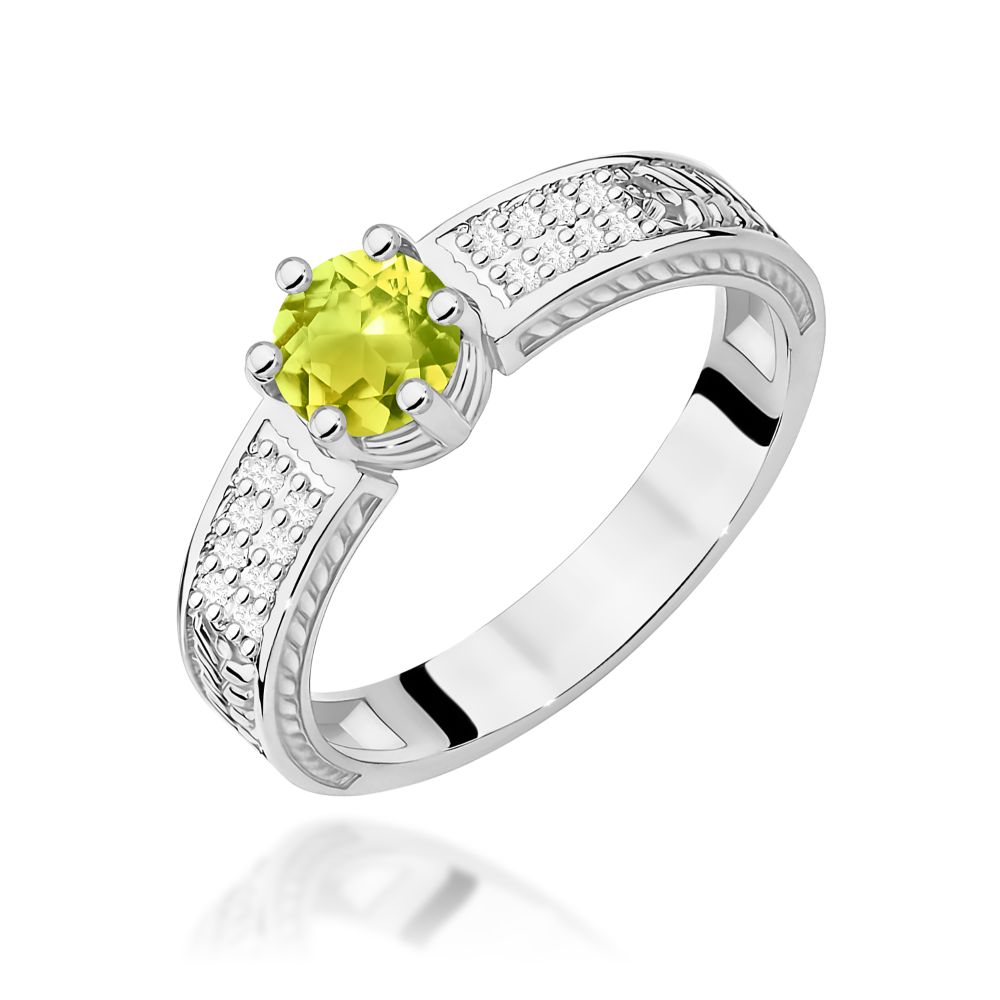 Pierścionek z oliwinem 0,60 ct i brylantami, białe złoto 585