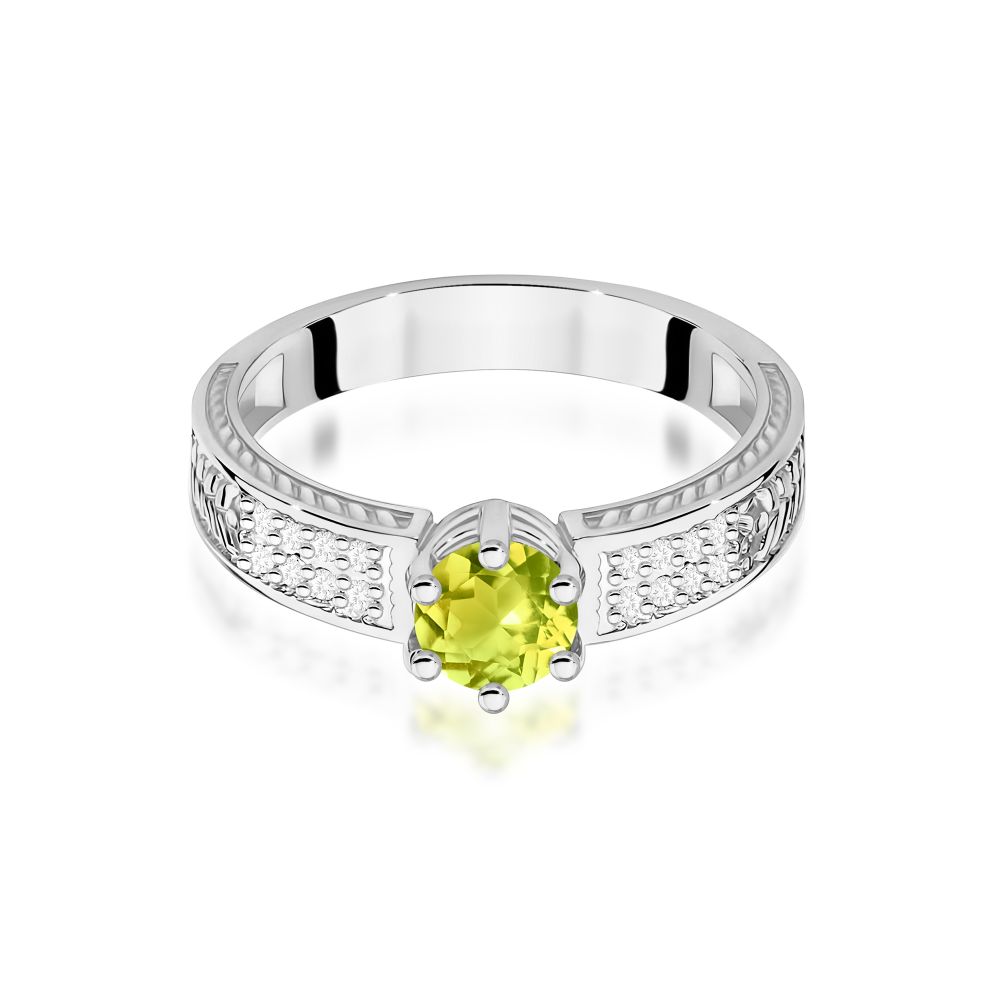 Pierścionek z oliwinem 0,60 ct i brylantami, białe złoto 585