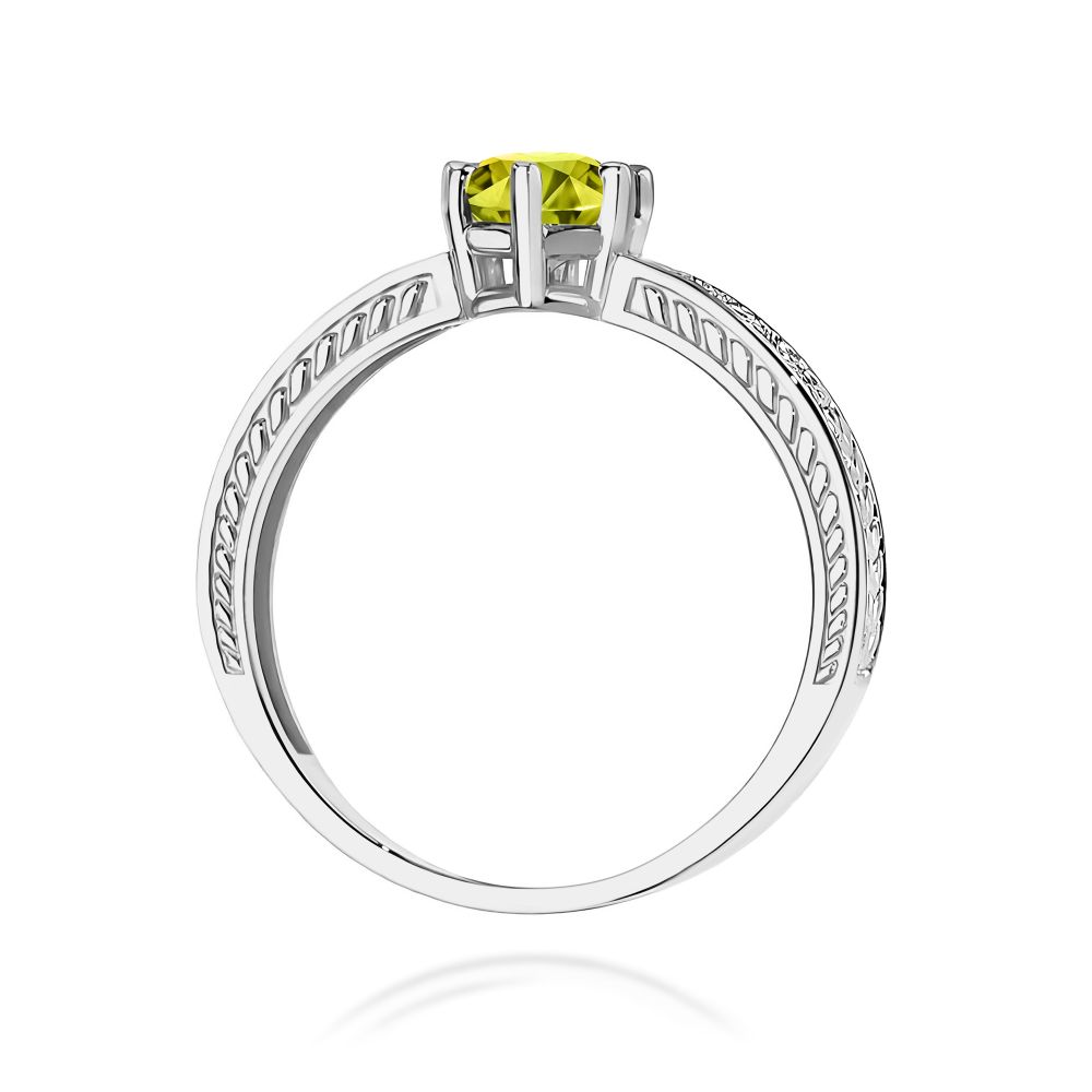 Pierścionek z oliwinem 0,60 ct i brylantami, białe złoto 585