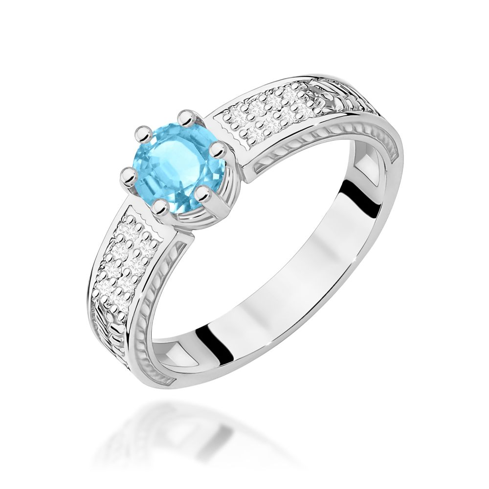 Pierścionek z topazem Swiss Blue 0,50 ct i brylantami, białe złoto 585