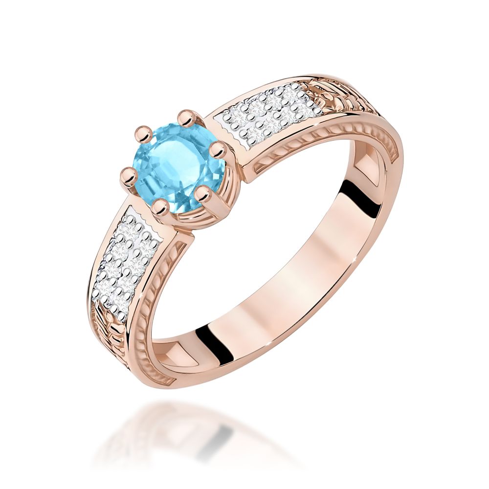 Pierścionek z topazem Swiss Blue 0,50 ct i brylantami, różowe złoto 585