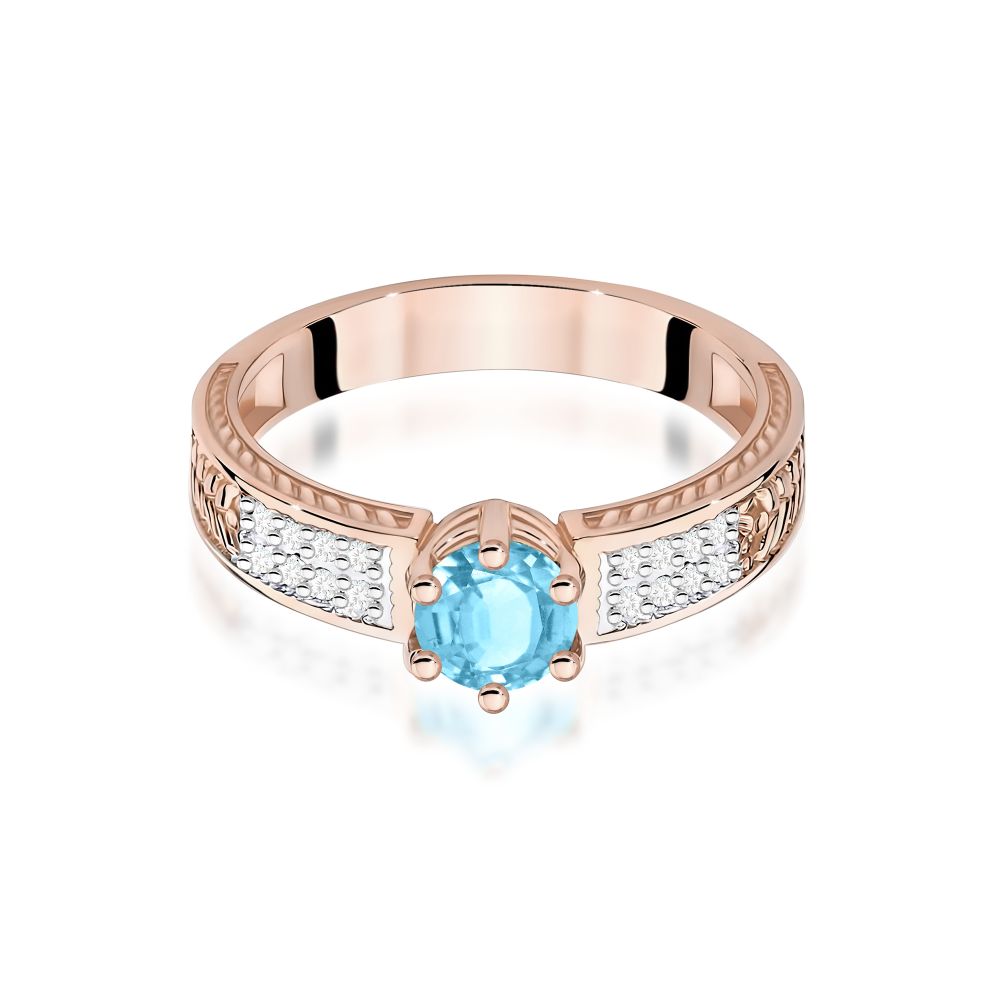 Pierścionek z topazem Swiss Blue 0,50 ct i brylantami, różowe złoto 585