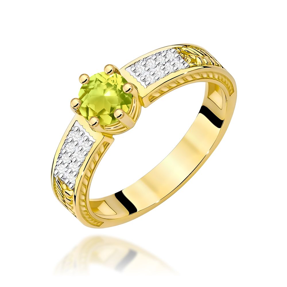 Pierścionek z oliwinem 0,60 ct i brylantami, żółte złoto 585