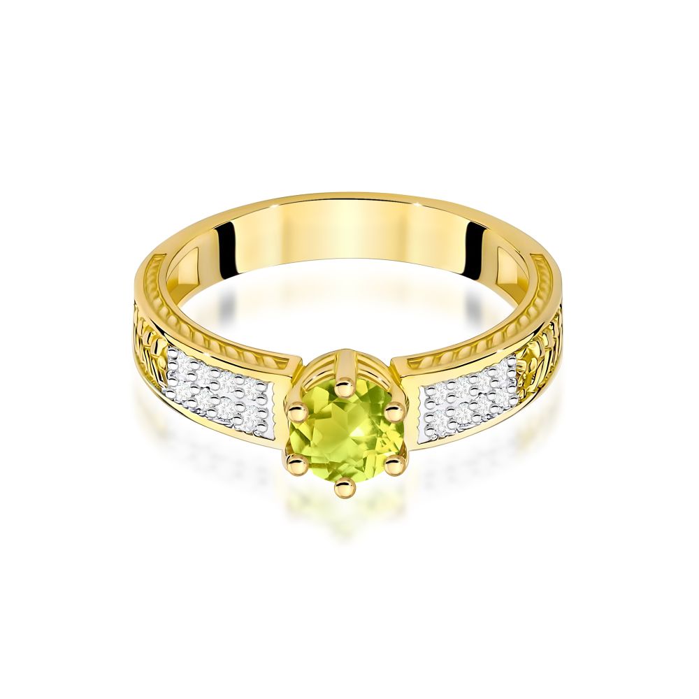 Pierścionek z oliwinem 0,60 ct i brylantami, żółte złoto 585
