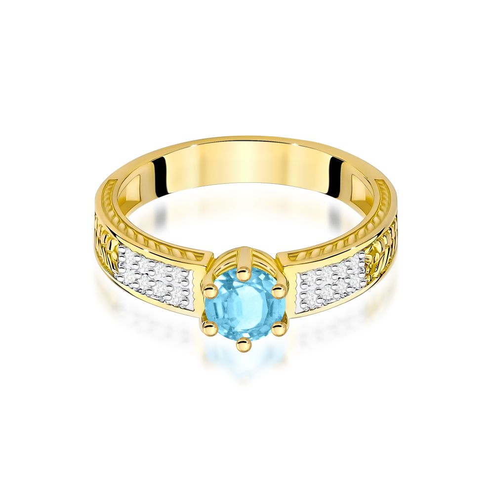 Pierścionek z topazem Swiss Blue 0,50 ct i brylantami, żółte złoto 585