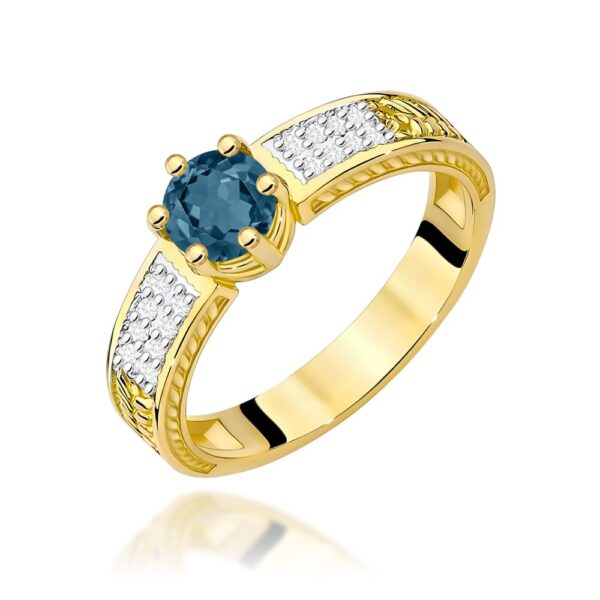 Pierścionek z topazem London Blue 0,50 ct i brylantami, żółte złoto 585