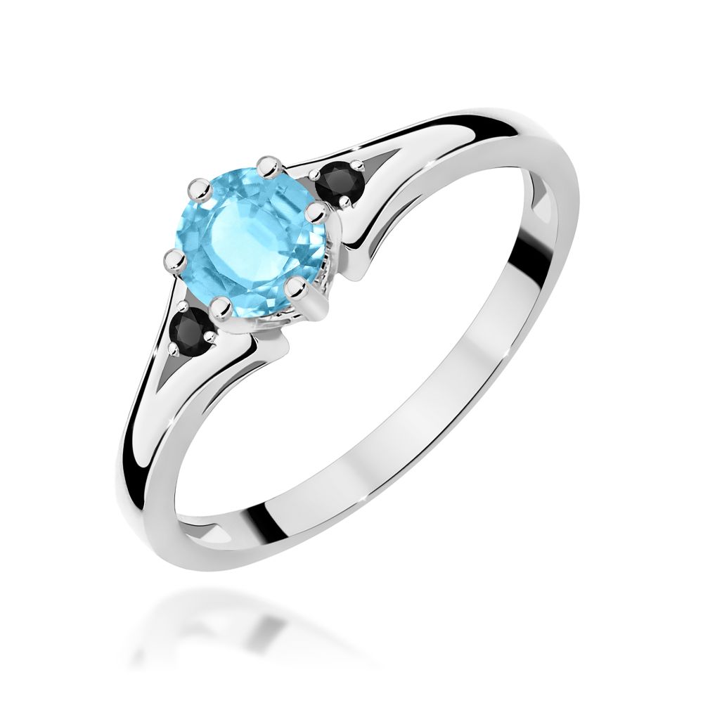 Pierścionek z topazem Swiss Blue 0,50 ct i czarnymi brylantami, białe złoto 585