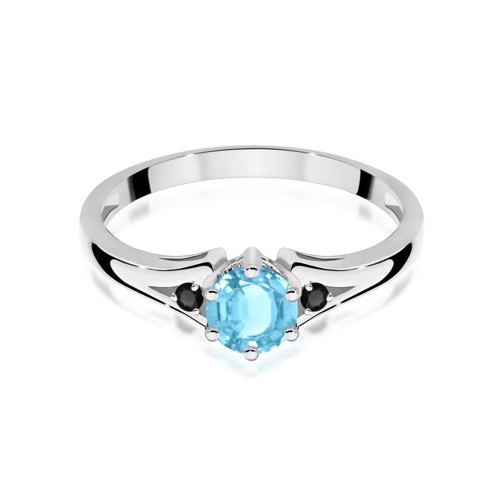 Pierścionek z topazem Swiss Blue 0,50 ct i czarnymi brylantami, białe złoto 585