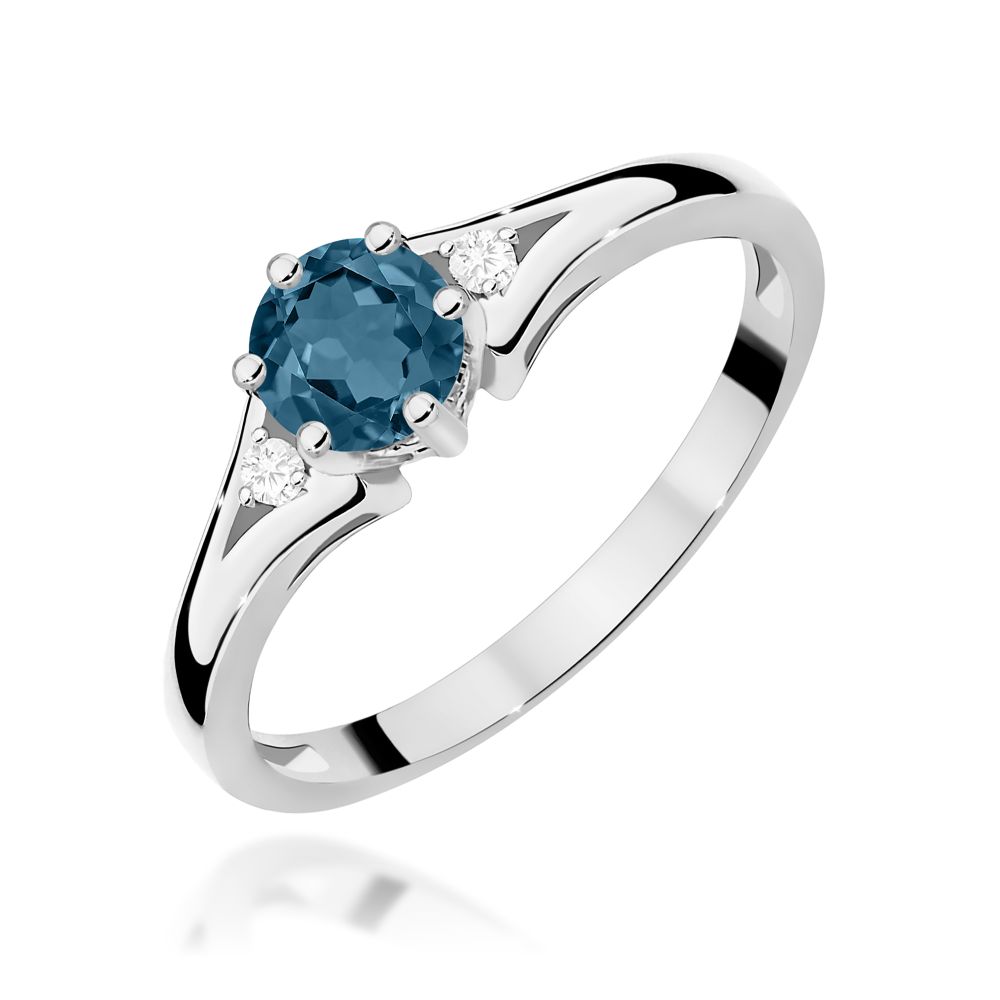 Pierścionek z topazem London Blue 0,50 ct i brylantami, białe złoto 585